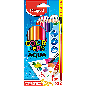 MAPED AQUA Colored Pencils, 12 Colors + Brush