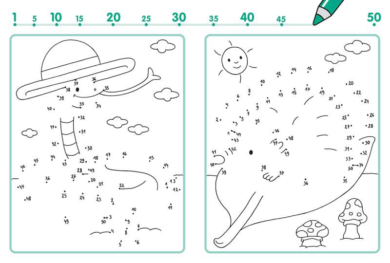 Learning to Count to 50. Connecting Dots, Drawing and Coloring