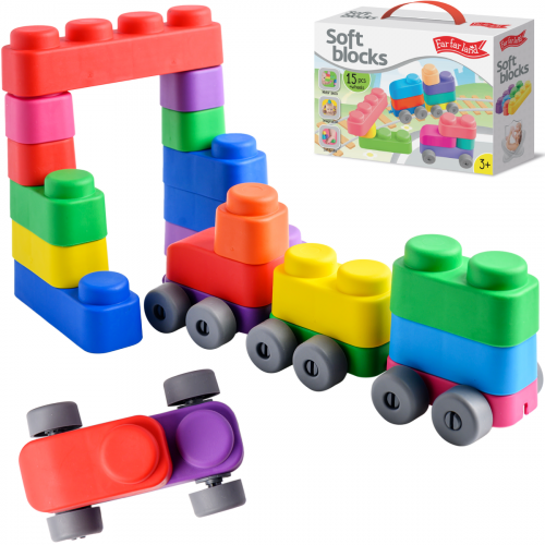 Developmental toy - Soft blocks 15 blocks + 12 wheels