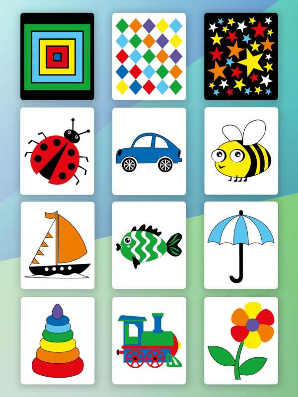 Set of developmental cards for children. Developing vision from 0 to 1 year 12 cards