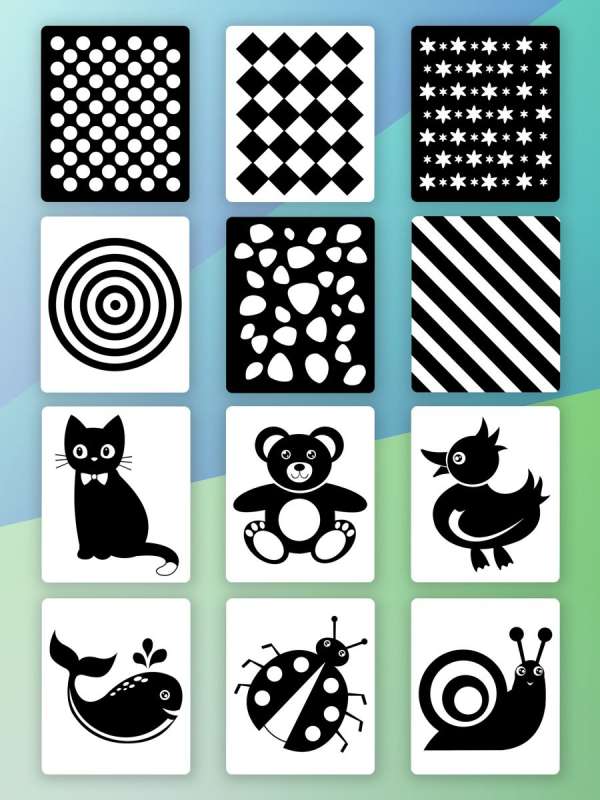 Set of developmental cards for children. Developing vision from 0 to 1 year 12 cards