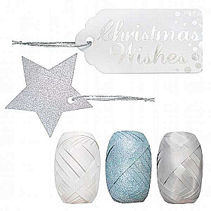 Christmas gift wrapping set ribbons 3 pcs x 10m/cards, silver/white 6 pcs.