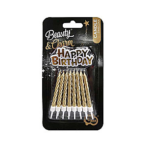 B&C Happy Birthday Candle Set with Holders, Gold, 16 pcs