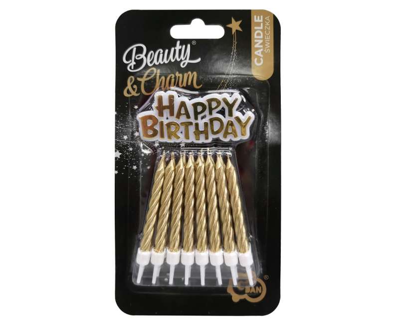 B&C Happy Birthday Candle Set with Holders, Gold, 16 pcs