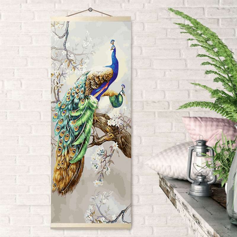 Numbered Painting 35X90 Colored Canvas PANNO. PEACOCKS ON A TREE 40 colors