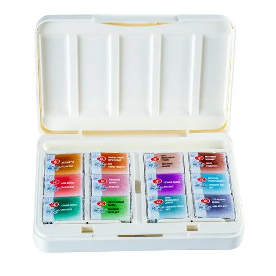 Watercolor Paint Set White Nights Granulation and Natural Earths, 12 half-pans x 2.5 ml, plastic
