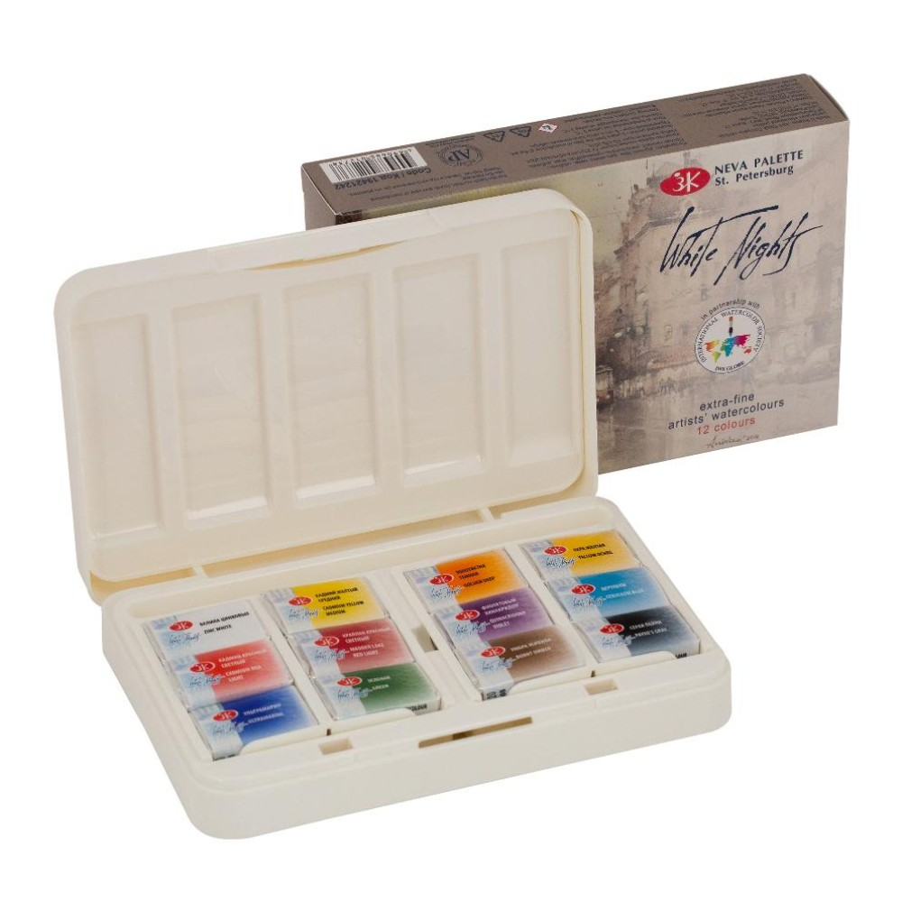 White Nights IWS Watercolor Artist Paint Set, Plastic/Cardboard, 12 Colors in 2.5 ml Pans.