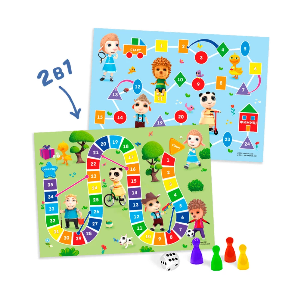 Walking game with chips for kids 2in1 Playing with Dolly. Shapes + Colors