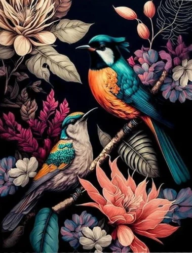 Numbered painting on black canvas with gold leaf - Paradise birds, 50x40cm