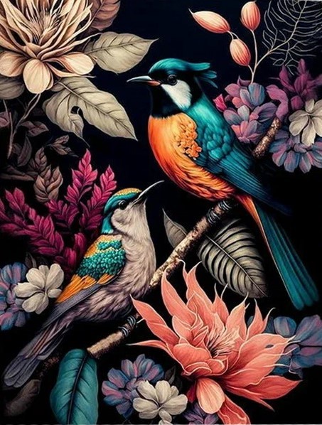 Numbrikunst mustal lõuendil kuldläikega - Paradiisialised linnud, 50x40cm