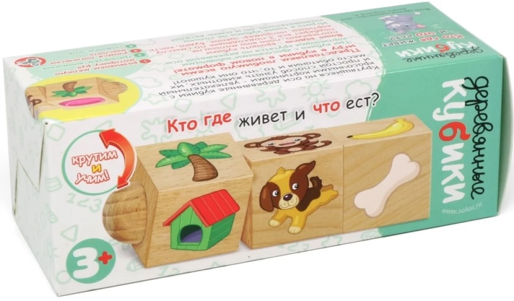 Wooden cubes on an axis Who lives where and what eats?