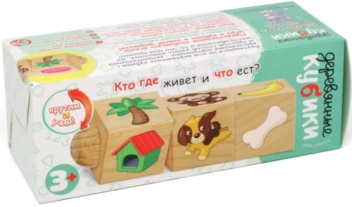 Wooden cubes on an axis Who lives where and what eats?