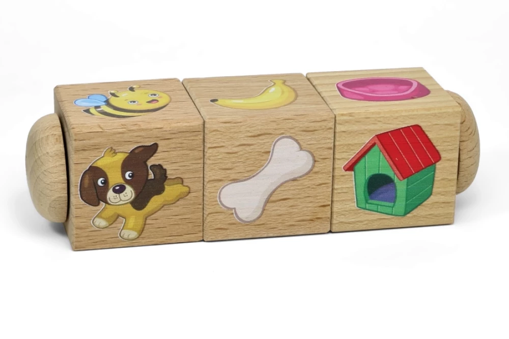 Wooden cubes on an axis Who lives where and what eats?