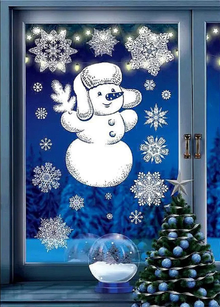 New Year Stickers for Windows - Snowman with Snowflakes