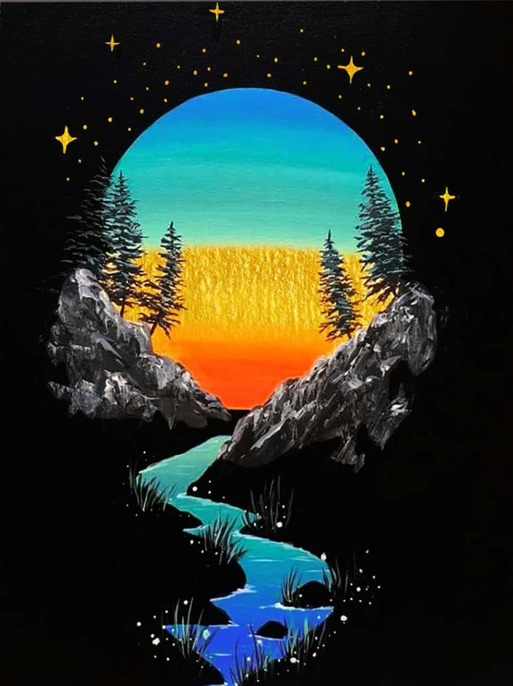 Numbered Painting Fluid. Black Canvas with Gold Leaf - Sunset in the Mountains