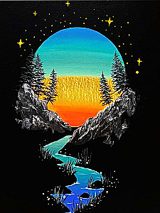 Numbered Painting Fluid. Black Canvas with Gold Leaf - Sunset in the Mountains