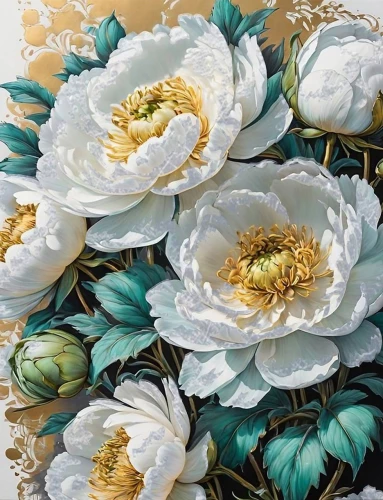 Number Painting with Platinum Leaf - White Flowers
