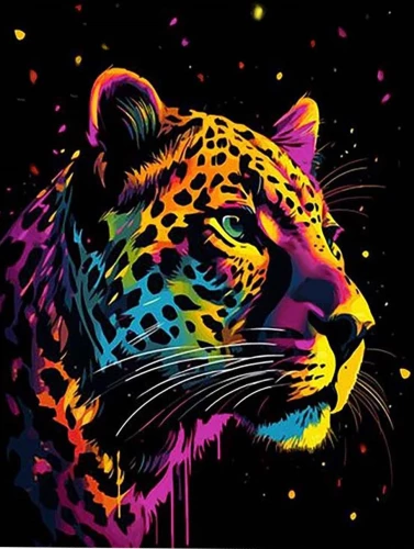 Paint by Numbers - Black Canvas. Colorful Leopard