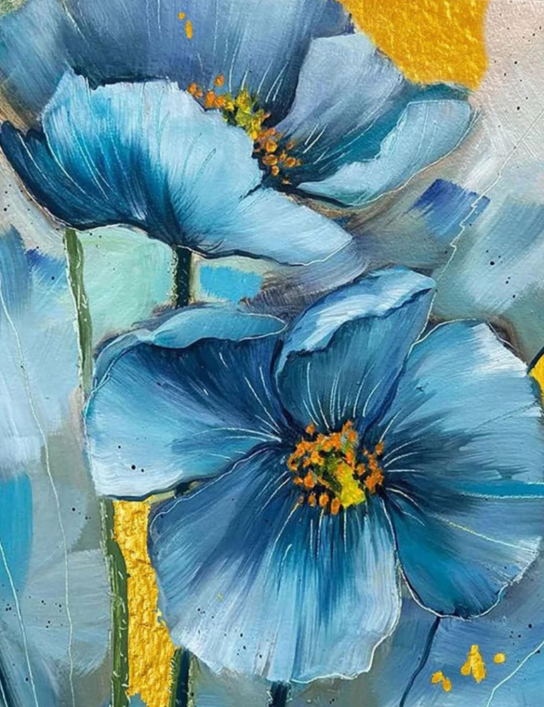 Numbered painting with gold leaf - Blue flowers (40x50)
