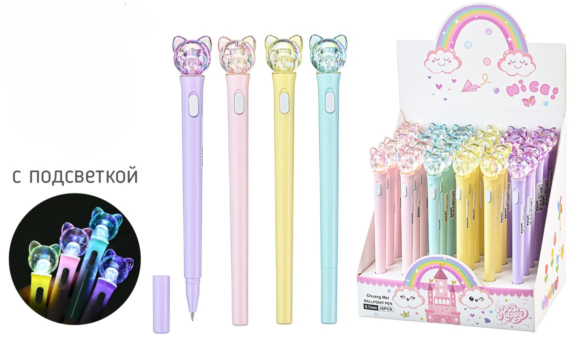 Ручка шариковая с подсветкой - Мишка, в ассортименте