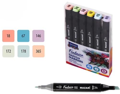 Double-sided sketch markers set - Fantasia, 6 colors, Pastel colors