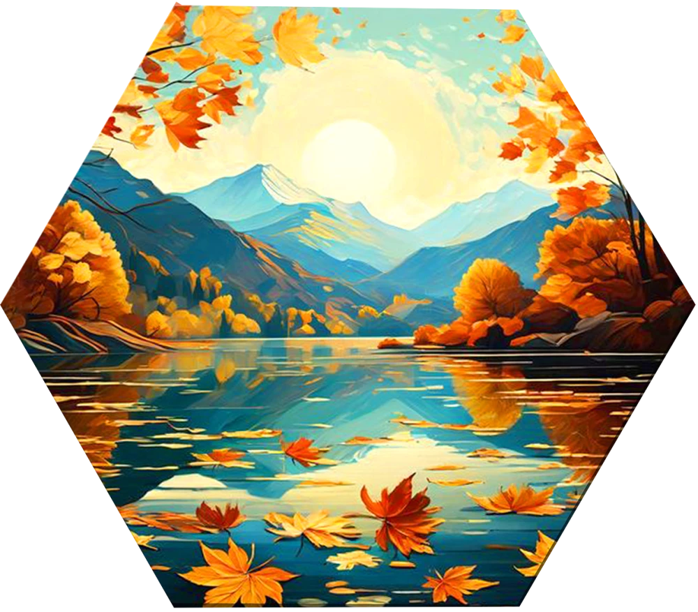 Number Painting with Gilding - Hexagon. Autumn Landscape in the Mountains