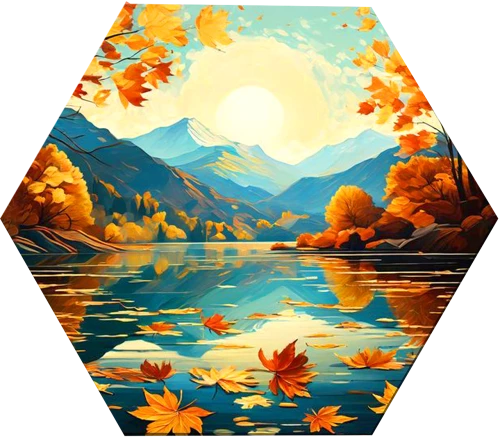 Number Painting with Gilding - Hexagon. Autumn Landscape in the Mountains