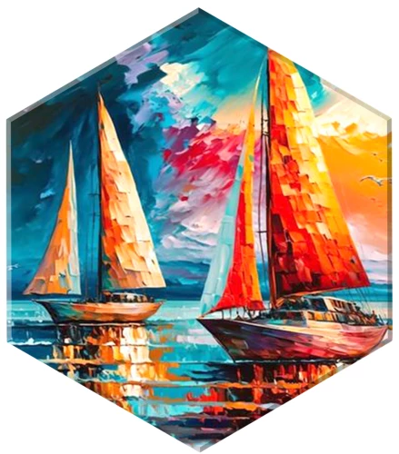 Numbered painting with gold leaf - Hexagon. Sailing boats at sunset