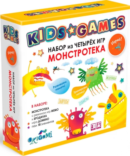Set of four games. Monsteroteca. Board Game. Domino. Memo