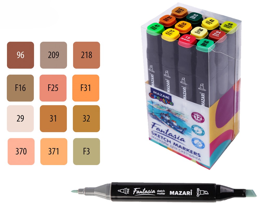 Divpusējie marķieri skicēšanai - Fantasia, 12 krāsas, Rudens krāsas 2 (rudens krāsas 2)