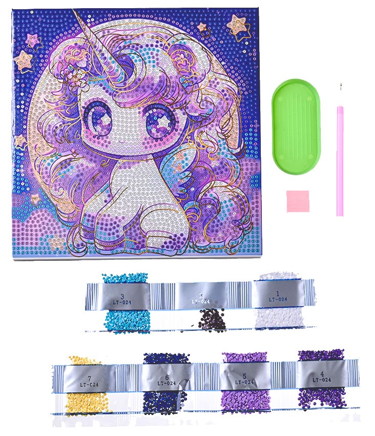 Diamantmosaik mit goldenem Prägedruck - Einhorn, vollständige Ausführung