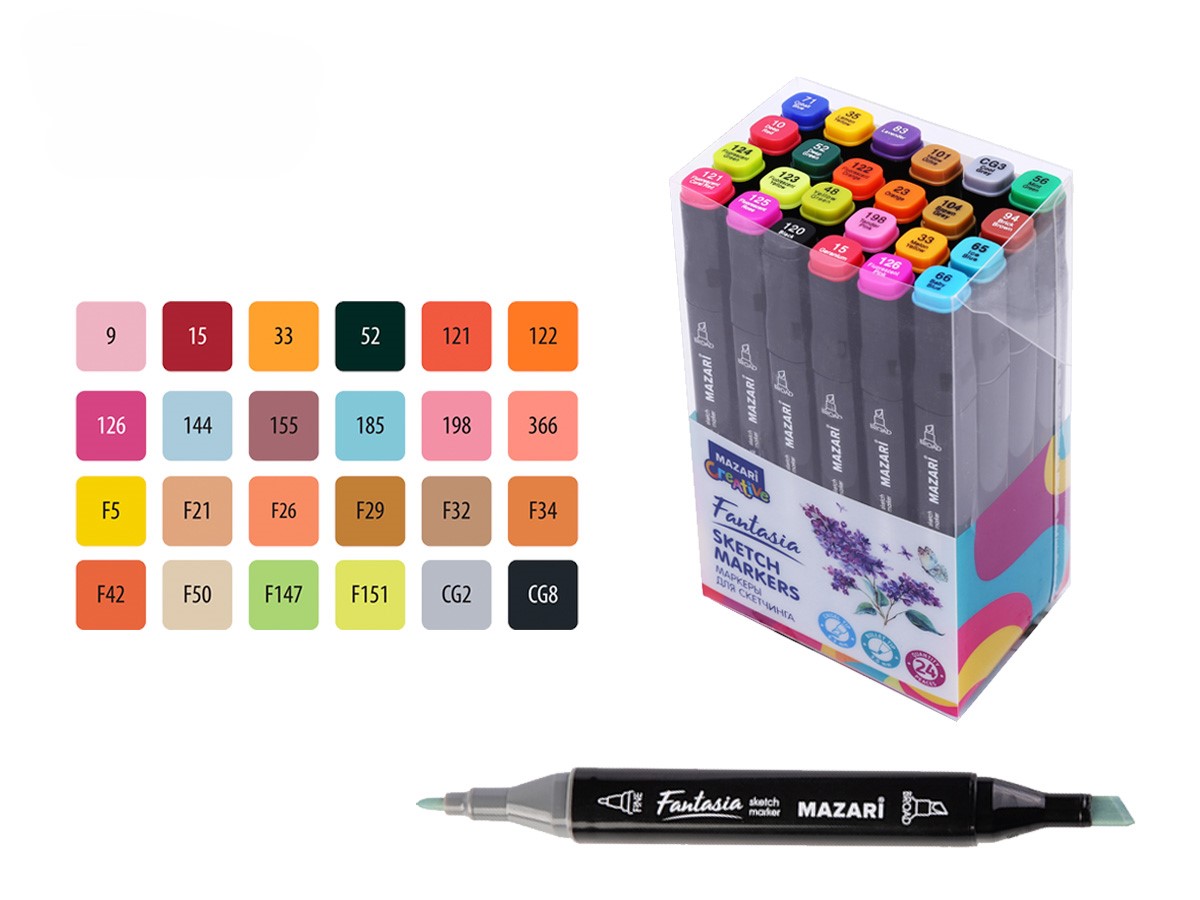 Divpusējie Fantasia skiču marķieri, 24 krāsas, galvenās krāsas