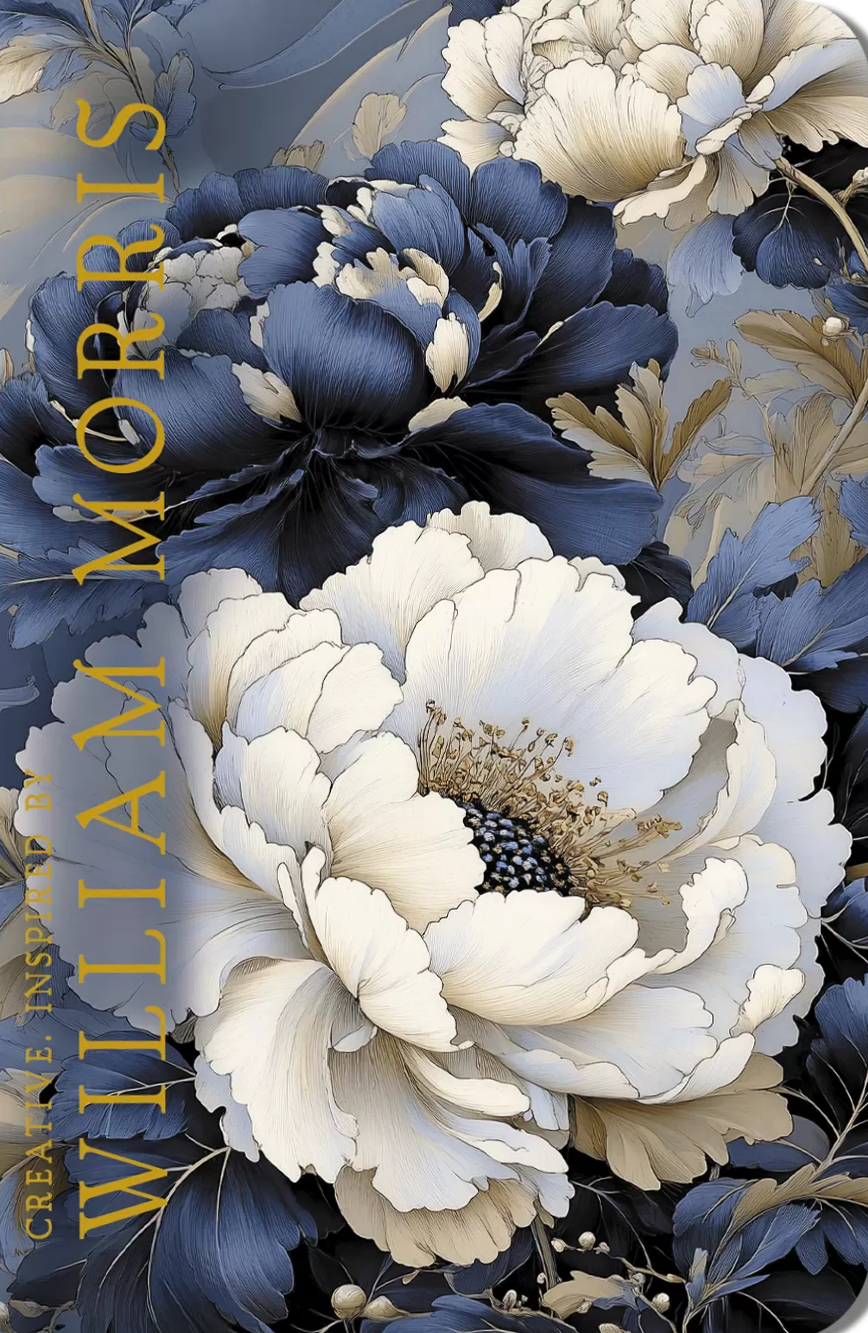 Bloknotu Creative. Iedvesmojis no Viljama Morisa (zili un balti peonijas)