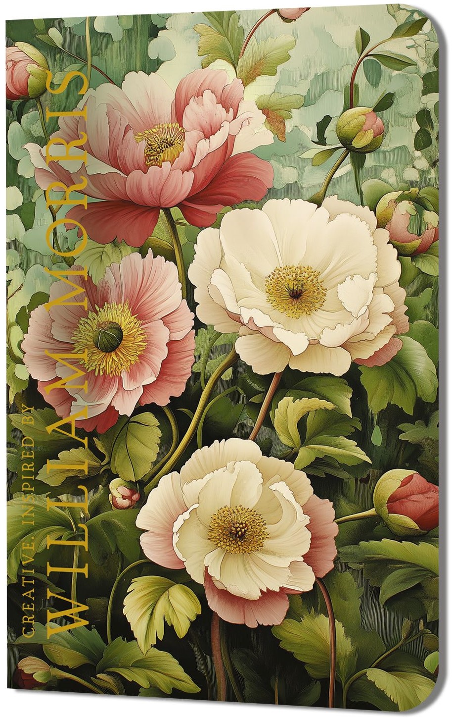 Bloknotu Creative. Iedvesmojis no Viljama Morisa (peonijas uz zaļa fona)