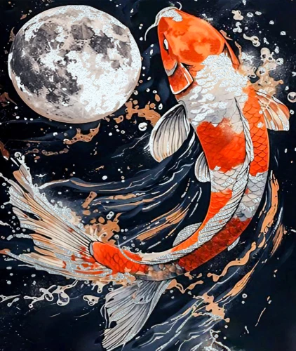 Numbered Painting with Platinum Foil on Black Canvas - Dance of the Koi Carp with the Moon