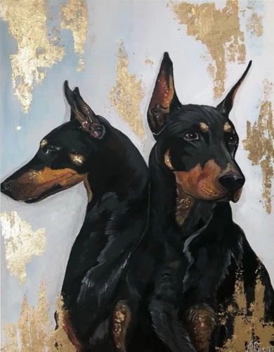 Numbered Painting with Gold Leaf - Doberman Dogs