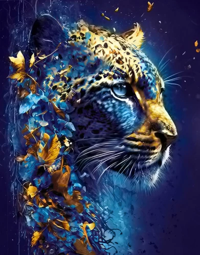 Numbered painting with gold leaf - Neon leopard