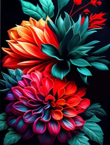 Paint by Numbers Black Canvas - Colorful Flowers