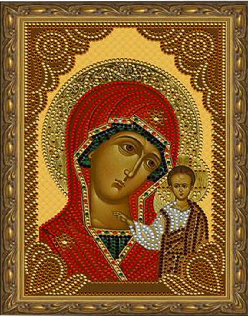Diamantmosaik 5D mit aufgedrucktem Rahmen - Kazanische Gottesmutter