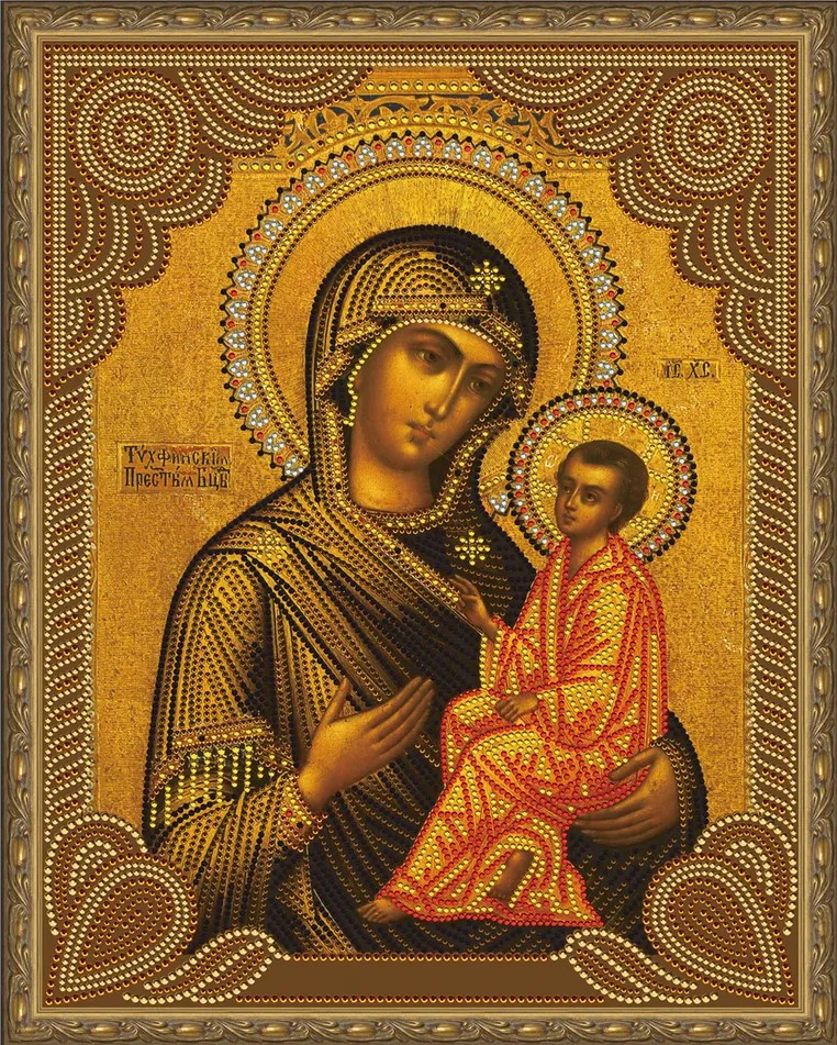 Diamantmosaik 5D mit aufgedrucktem Rahmen - Die Tikhwiner Gottesmutter