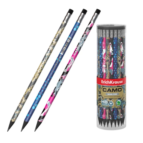 Black graphite pencil plastic - Camo, triangular, with eraser, HB, assorted