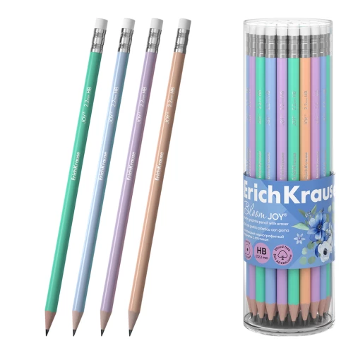 Black graphite pencil plastic - JOY Pastel Bloom, round, with eraser, HB, assorted