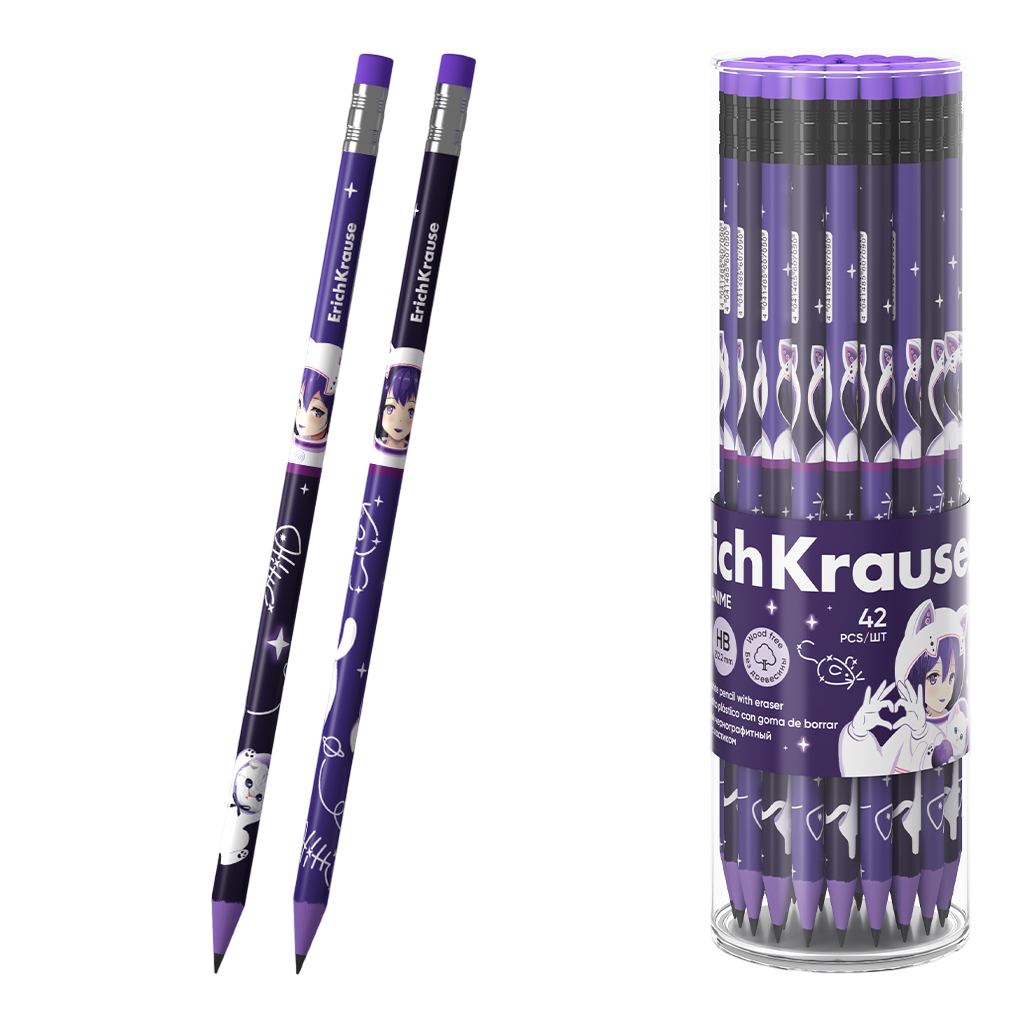 Melngrafīta zīmulis plastmasas - Space Anime, trīsstūrveida, ar dzēšgumiju, HB, dažādībā