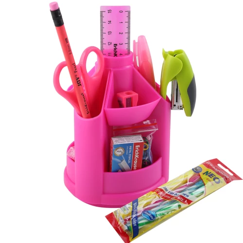 Stationery Set, 14 Pieces, Rotating, Pink Color, Mini Desk Neon Solid