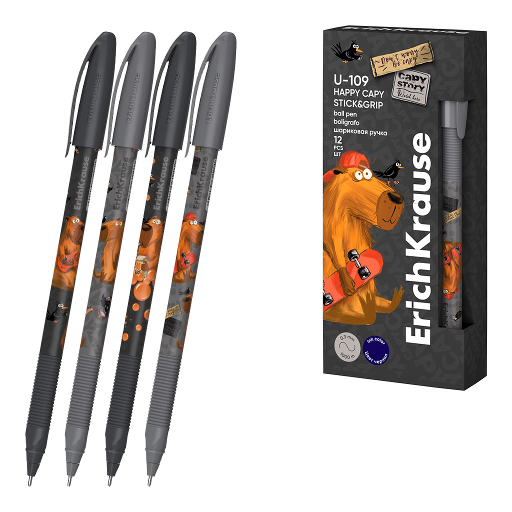 Ручка шариковая U-109 Stick&Grip Happy Capy 1.0, Ultra Glide Technology, цвет чернил - синий, в ассортименте