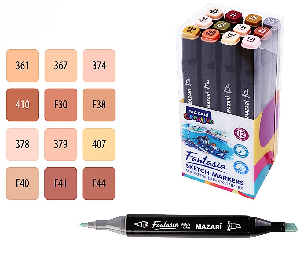 Divpusējie FANTASIA skiču marķieri, 12 krāsas