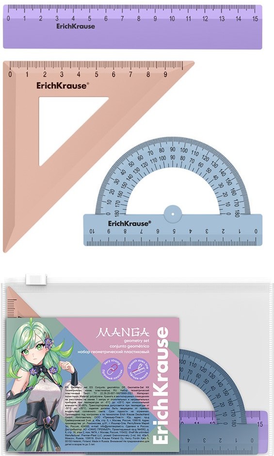 Geomeetriline komplekt väike plastmass - Manga, (joonlaud, nurk, transiit), assortii