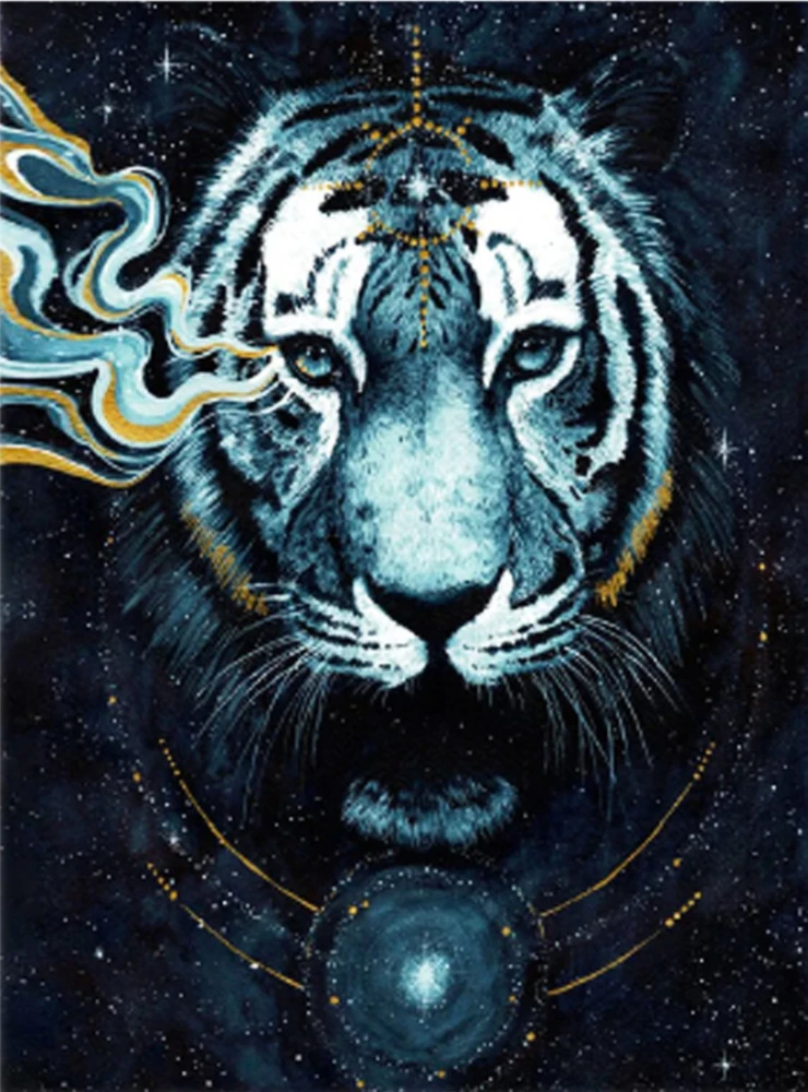 Numbered painting with glowing paint - Tiger on a black background