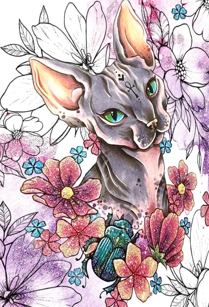 Painting by numbers with crystal beads - Sphinx with flowers