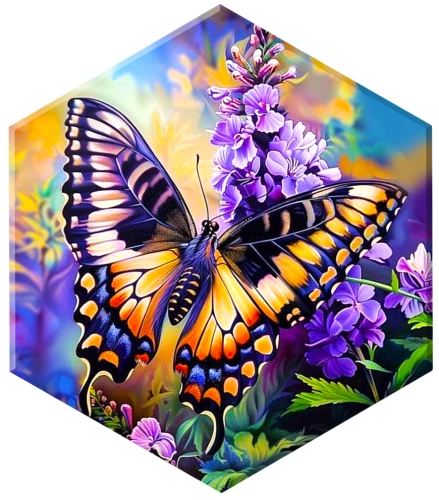 Obraz numerowany z kryształami z kryształu Hexagon - Motyl majestatyczny w kwiatach